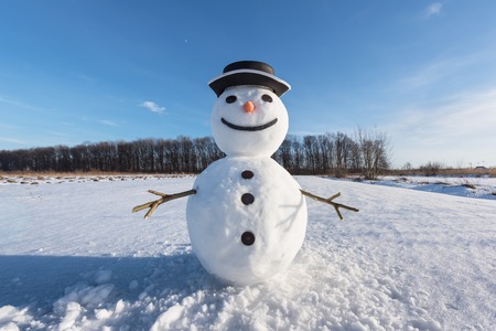 Funny snowman in black hat on snowy field. Christmass and New Year backgroundの写真素材