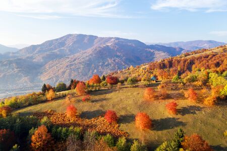 Picturesque autumn meadow with wooden house and red beech trees in the Carpathian mountains, Ukraineの写真素材