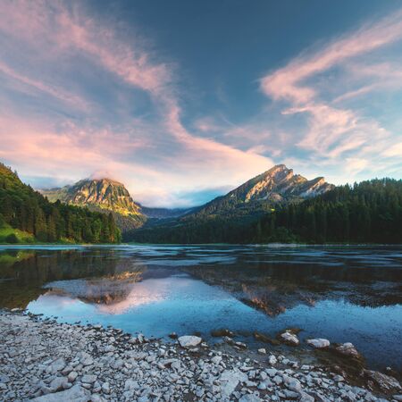 Peaceful summer view on Obersee lake in Swiss Alps.の写真素材