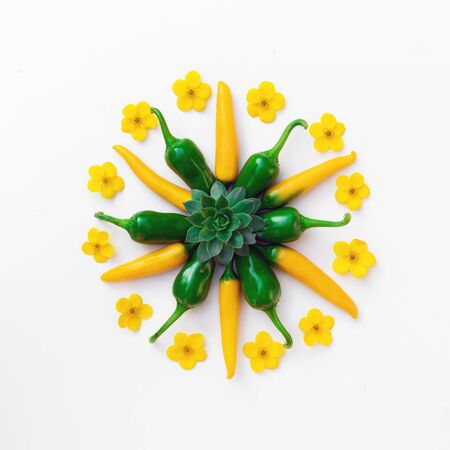 Yellow and green hot peppers with flowers compositions. Food photographyの写真素材