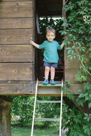 Small boy stands on stairs on treehouse in green garden. Summer timeの写真素材