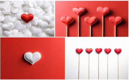 Set from four images for Valentines day. Red textile hearts on white backgroundの写真素材