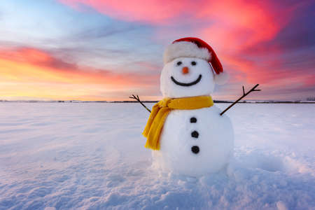 Funny snowman in Santa hat and yellow scalf on snowy field. Merry Christmass and happy New Year!の写真素材