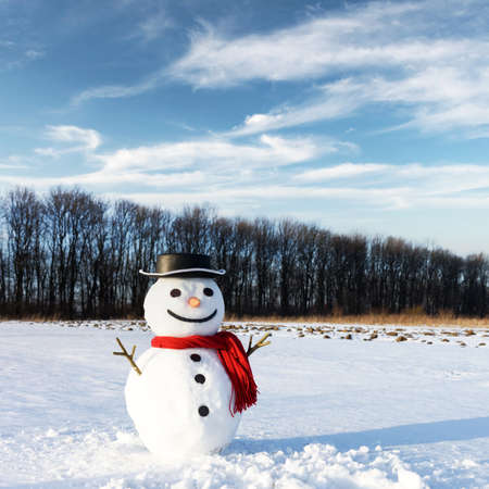 Funny snowman in stylish black hat and red scalf on snowy field. Merry Christmass and happy New Year!の写真素材