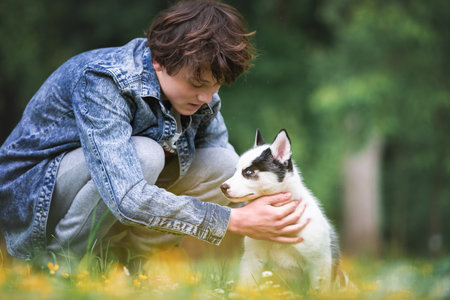 Teen with white dog puppy breed siberian husky on spring backyard. Dogs and pets photographyの写真素材