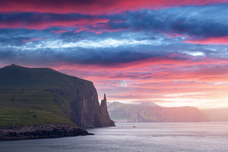 Gorgeous faroese landscape with famous Witches Finger cliffsの写真素材