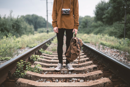 Photographer in brown jacket with backpack