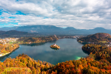Colorful sunrise view of Bled lake in Julian Alps, Sloveniaの写真素材