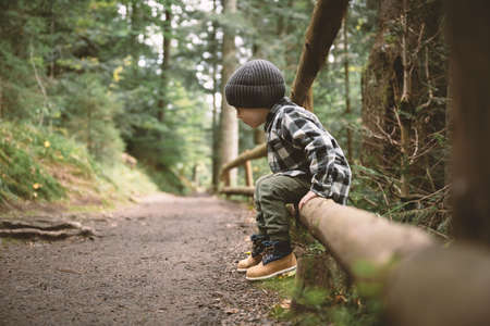 Small kid in a plaid shirt and gray hat in the forestの写真素材