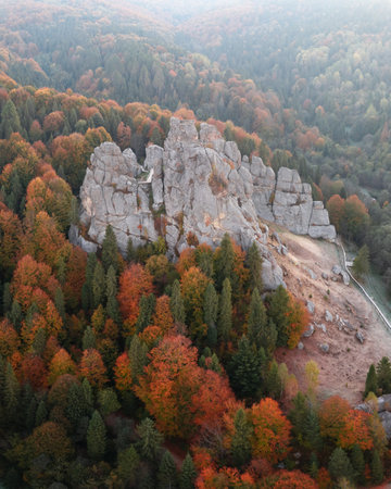 Aerial view from drone to Tustan fortressの写真素材