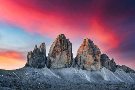 Incredible view of the Three Peaks of Lavaredo on sunset timeの写真素材