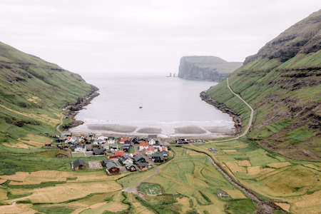 Aerial drone photo flying over Tjornuvik beachの写真素材