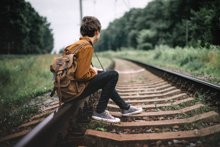 Photographer in brown jacket with backpack