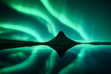 Aurora borealis Northern lights over Kirkjufell mountainの写真素材