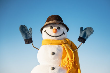 Funny snowman in brown hatの写真素材