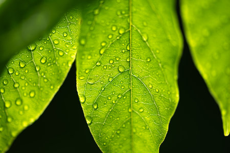 Closeup shot of a water drops on green leaves