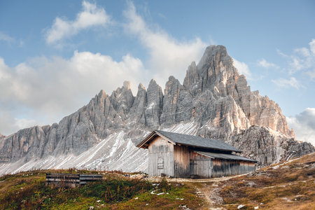 Wooden cabin at the Tre Cime di Lavaredo National Parkの写真素材