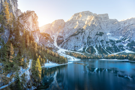Picturesque landscape with famous lake Braies in autumn Dolomitesの写真素材