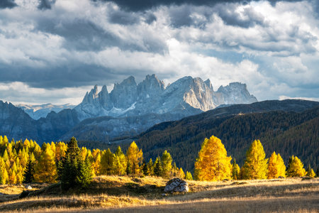 Incredible autumn view at Valfreda valley in Italian Dolomite Alpsの写真素材
