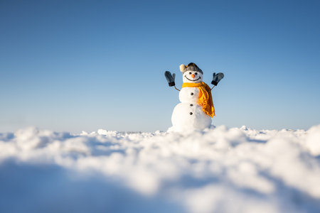 Funny snowman in knitted hatの写真素材