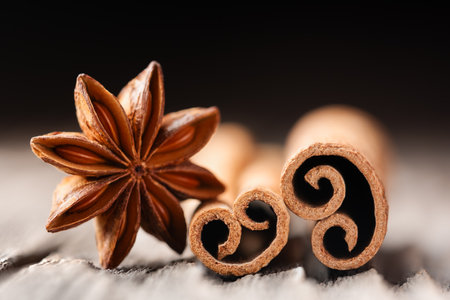 Star anise and cinnamon sticks close up