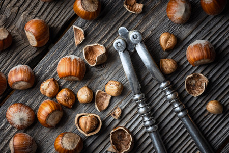 Hazelnuts with a classic silver nutcracker on wooden table
