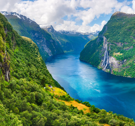 Incredible view on Sunnylvsfjorden fjord and Seven Sisters waterfallsの写真素材