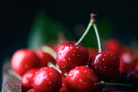Close-up of ripe fresh red cherries with green leafの写真素材