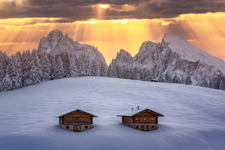 Two small wooden log cabin on meadow Alpe di Siusiの写真素材
