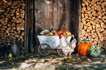 A pile of different types of pumpkins on an old metal cartの写真素材