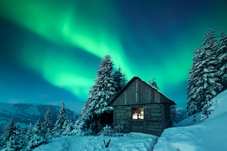 Fairy Christmas landscape with Northern light