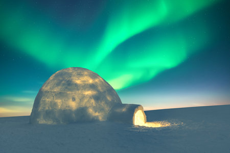 Wintry scene with glowing polar lights and snowy igloo