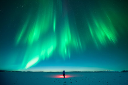 Amazing night landscape with Polar lightsの写真素材