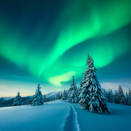 Fairy winter mountains with snowy fir-treesの写真素材