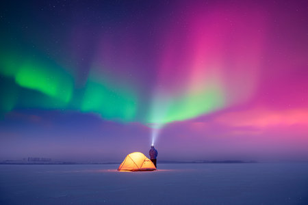 Tourist shines a flashlight in incredible starry skyの写真素材