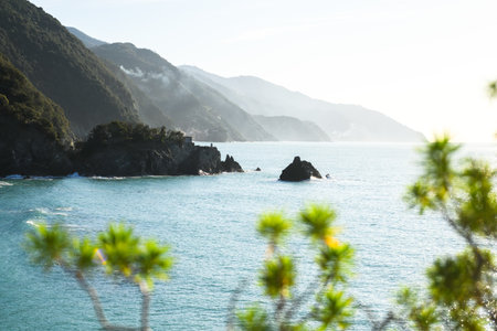 View of the Mediterranean coastline in the Cinque Terreの写真素材