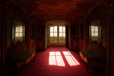 Bright light glowing from vintage windows on historical interiorの写真素材