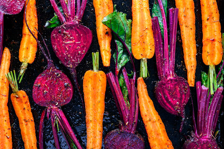 Juicy beet and carrot slices before baking in the baking ovenの写真素材