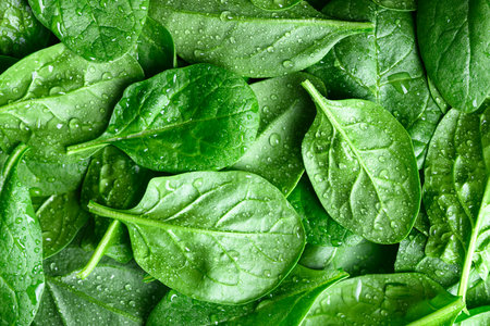 Close-up of fresh spinach leaves with water dropsの写真素材