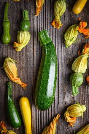 Freshly picked zucchini with blossoms on a textured wooden tableの写真素材