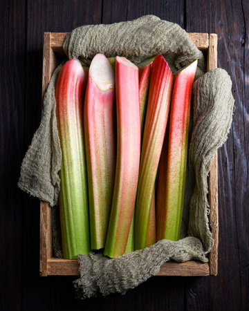 Top view of ripe rhubarb stalks in a wooden boxの写真素材