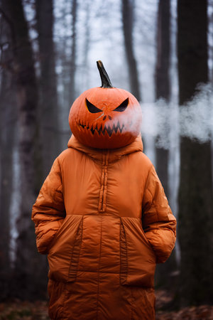 Portrait of a Halloween girl in orange jacket with smoke