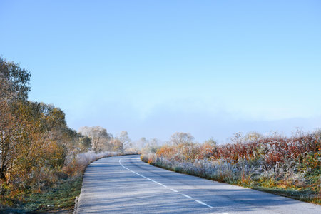 Winding foggy road in frosty air leads through autumn countrysideの写真素材