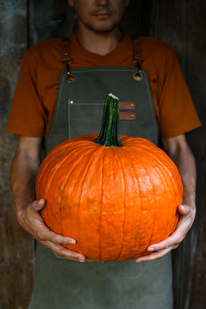 Close-up of farmer holding large orange pumpkin during autumn harvestの写真素材