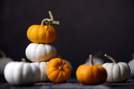 Close-up of Baby Boo white and orange pumpkins on wooden tableの写真素材