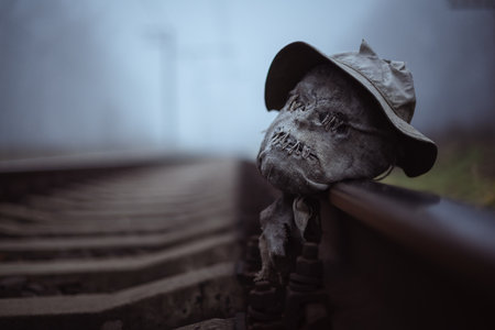 Severed head of scarecrow on misty railway in autumn timeの写真素材