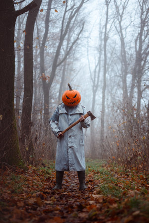 Creepy scarecrow with axe in an old torn cloak and carved pumpkin headの写真素材