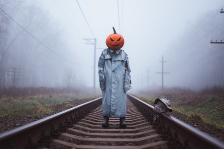 Creepy figure with pumpkin headの写真素材