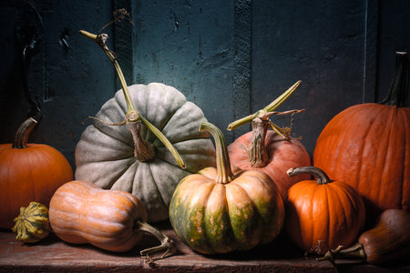 Mixed pumpkins rest on wooden tabletop in rustic autumn arrangementの写真素材