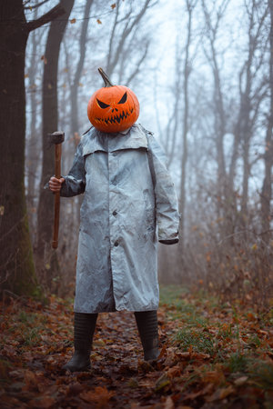 Creepy scarecrow with pumpkin head and axe weaponの写真素材
